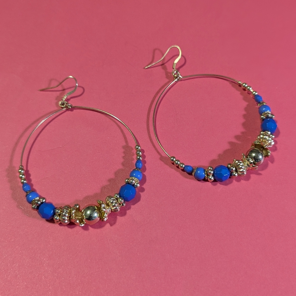 Gold Tone + Blue Crystal & Gold Beads Hoop Statement Earrings 2.5" NWOT